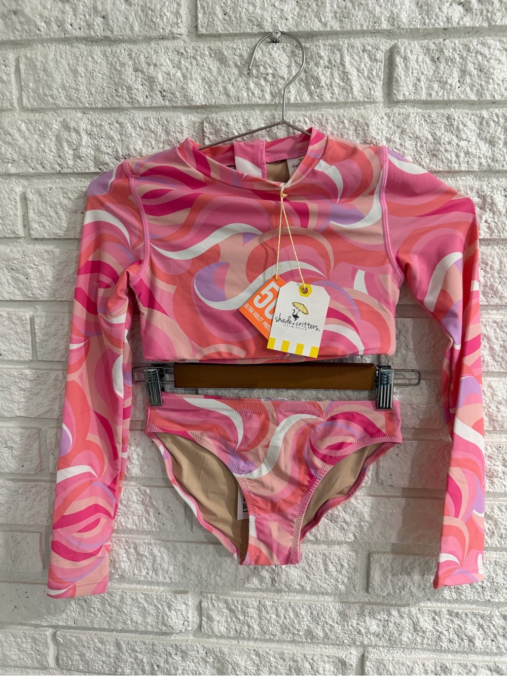Girls' Pink Waves Swirl Long Sleeve Rashguard Set - Sun Protective Swimwear